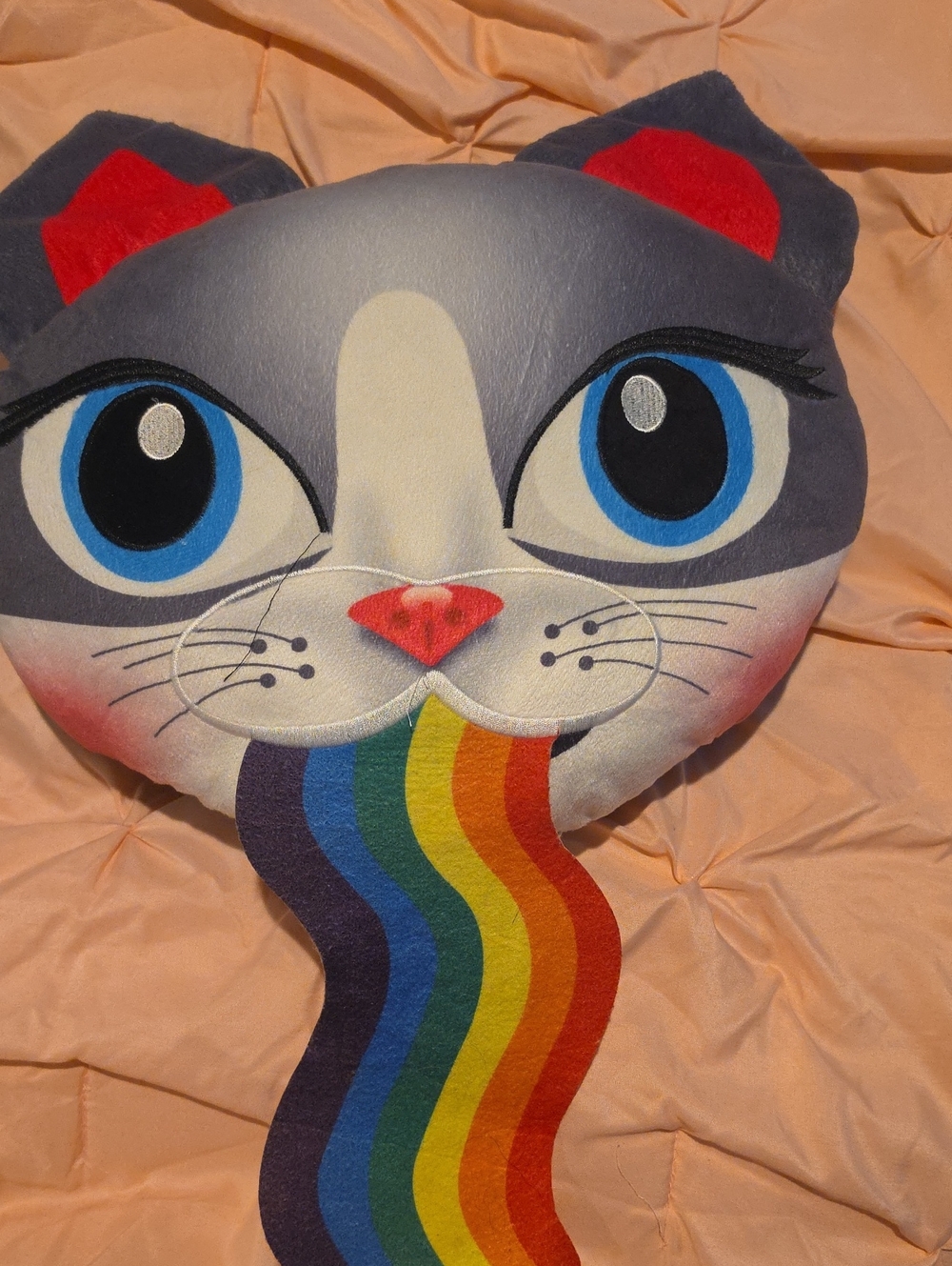 Cute Rainbow Cat Plush Pillow - Gray Cat Face Decorative Cushion
